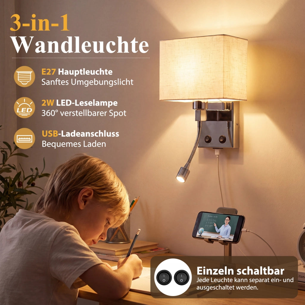 ZMH Lampada da Parete LED con Porta USB e Lettura 2W Paralume Tessuto E27 Interruttore per Camera Hotel Senza Lampadina