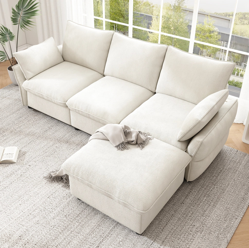 Divano angolare a L in ciniglia beige con pouf, 222,5 cm