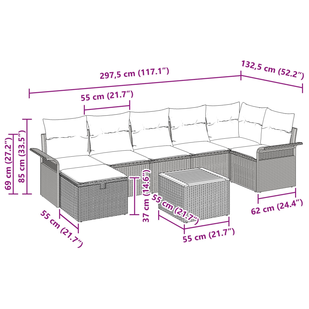 Set Divano da Giardino a 8 Pezzi con Cuscini Beige in Rattan Plastificato