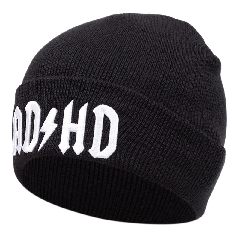 Cappelli invernali caldi lavorati a maglia con ricamo ADHD, neri