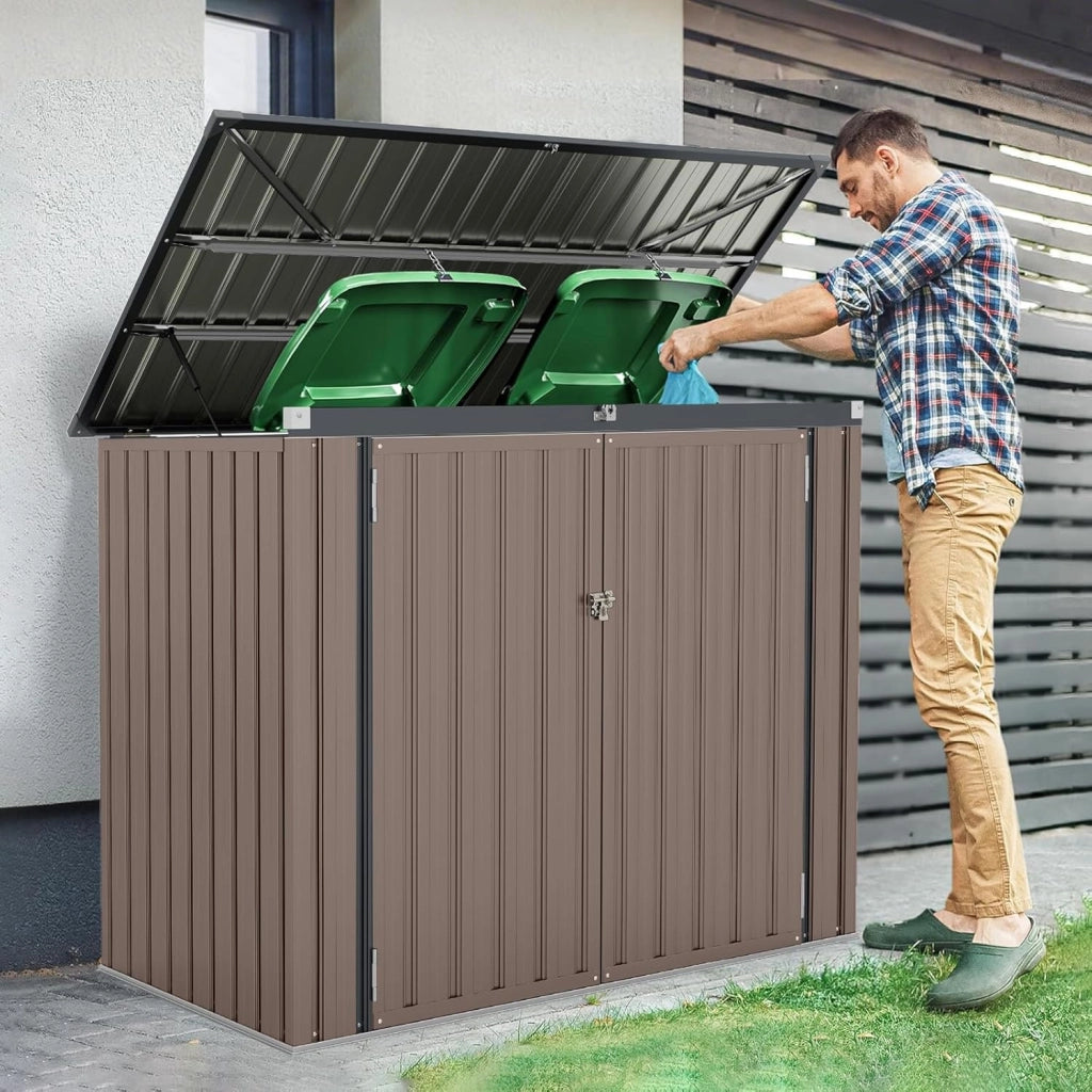 Casetta per Spazzatura Esterna, Capanno da Giardino Bloccabile con Doppie Aperture, 2 Porte e Struttura in Metallo Zincato, Ripostiglio per Patio e Cortile (Grigio Caldo)