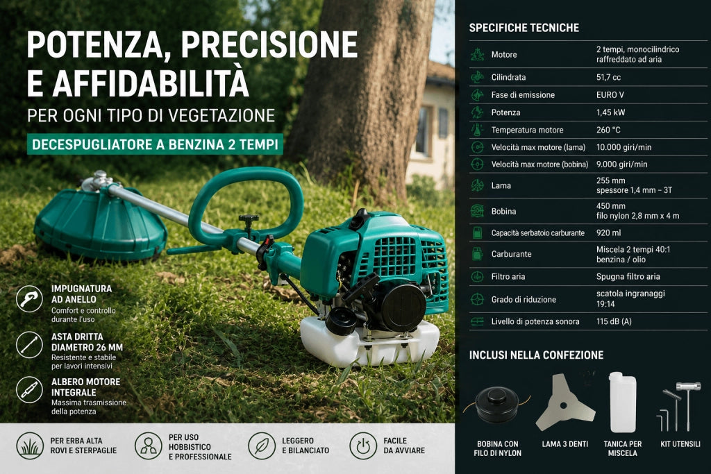 Decespugliatore a Scoppio 52cc 2 Tempi Motore Potente Euro V per Erba Alta, Rovi e Sterpaglie con Lama e Filo Nylon, Asta Dritta Professionale