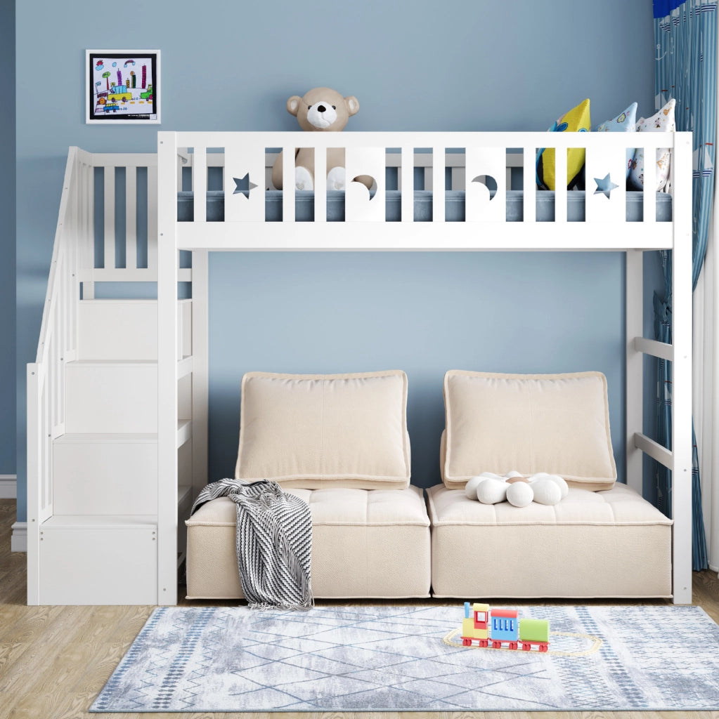 Letto a soppalco ULEVR per bambini 90x200 cm con scala e ripiani integrati, area divanetto, bianco