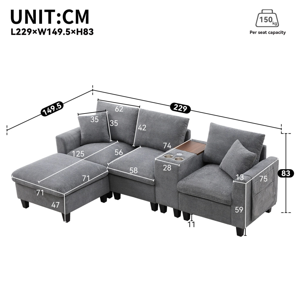Divano angolare modulare 4 posti in velluto a coste grigio con pouf; console; USB e portabicchieri