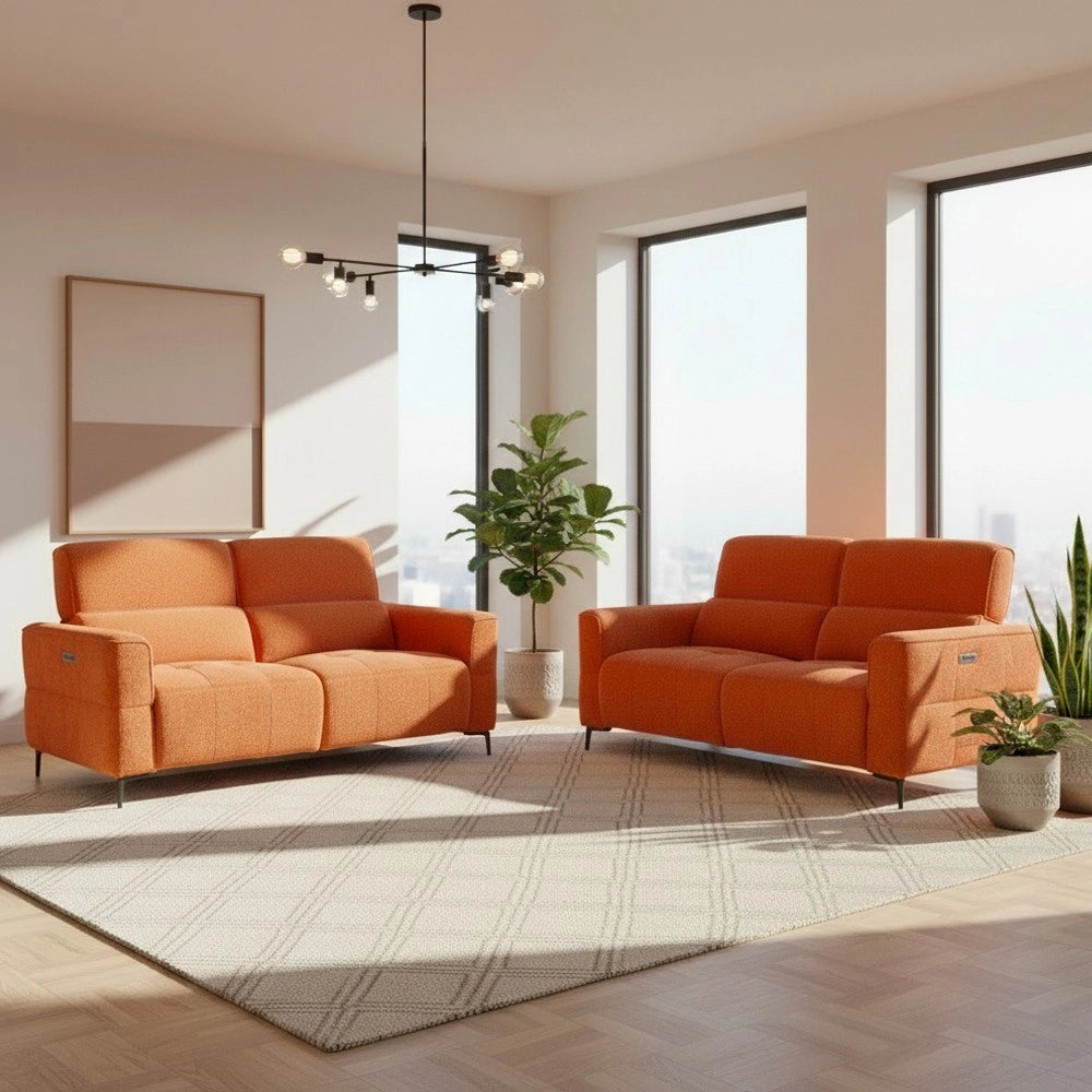 Set divani recliner Luxora 3 posti + 2 posti elettrici in tessuto aragosta