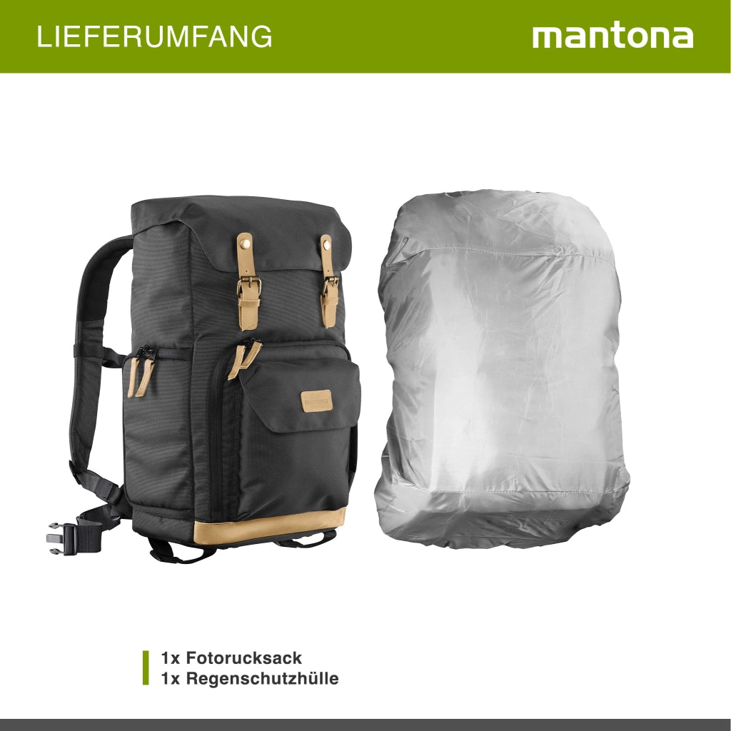 Mantona Luis Retro Zaino fotografico (con applicazioni in vera pelle, copertura antipioggia,per laptop, adatto per 1 fotocamera DSLR, 3 obiettivi e vari accessori fotografici) nero