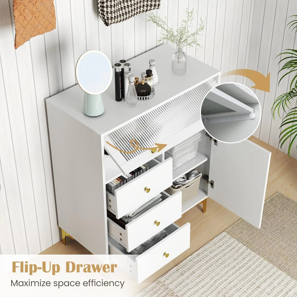 Cassettiera con cassetti e porta in vetro, armadietto a buffet, con piedini in metallo, credenza 80 x 40 x 95,5 cm, bianco, multiuso, in legno, per soggiorno, corridoio