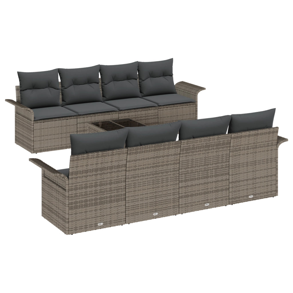 Set di Divano da Giardino 9 Pezzi con Cuscini Grigio in Rattan Sintetico