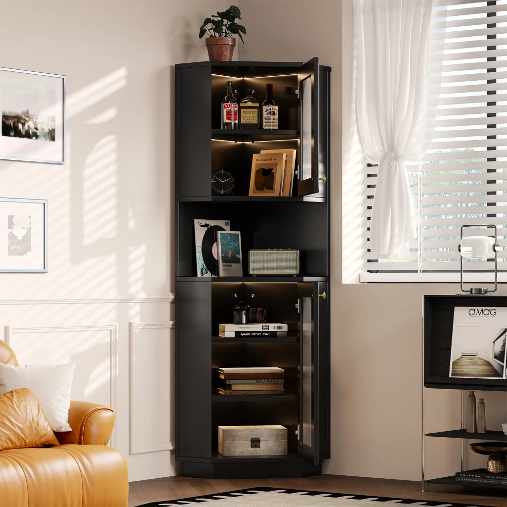 Armadietto da bagno angolare con LED e ripiani regolabili, 2 vani aperti, in MDF, nero, 45 × 45 × 166,5 cm
