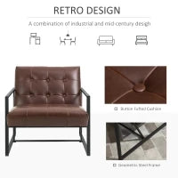 Poltrona Imbottita Stile Industriale Trapuntata a Bottoni, Arredamento Moderno Poltroncina da Ingresso in Metallo e PU, 75x81x78cm Marrone