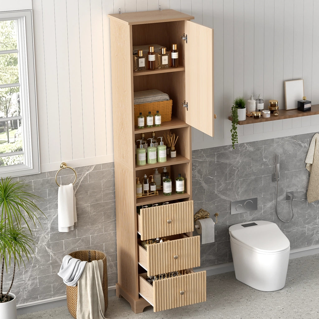 Armadietto da bagno con 3 cassetti, anta e 2 vani aperti, ripiano regolabile, in MDF naturale, 40 × 30 × 172 cm