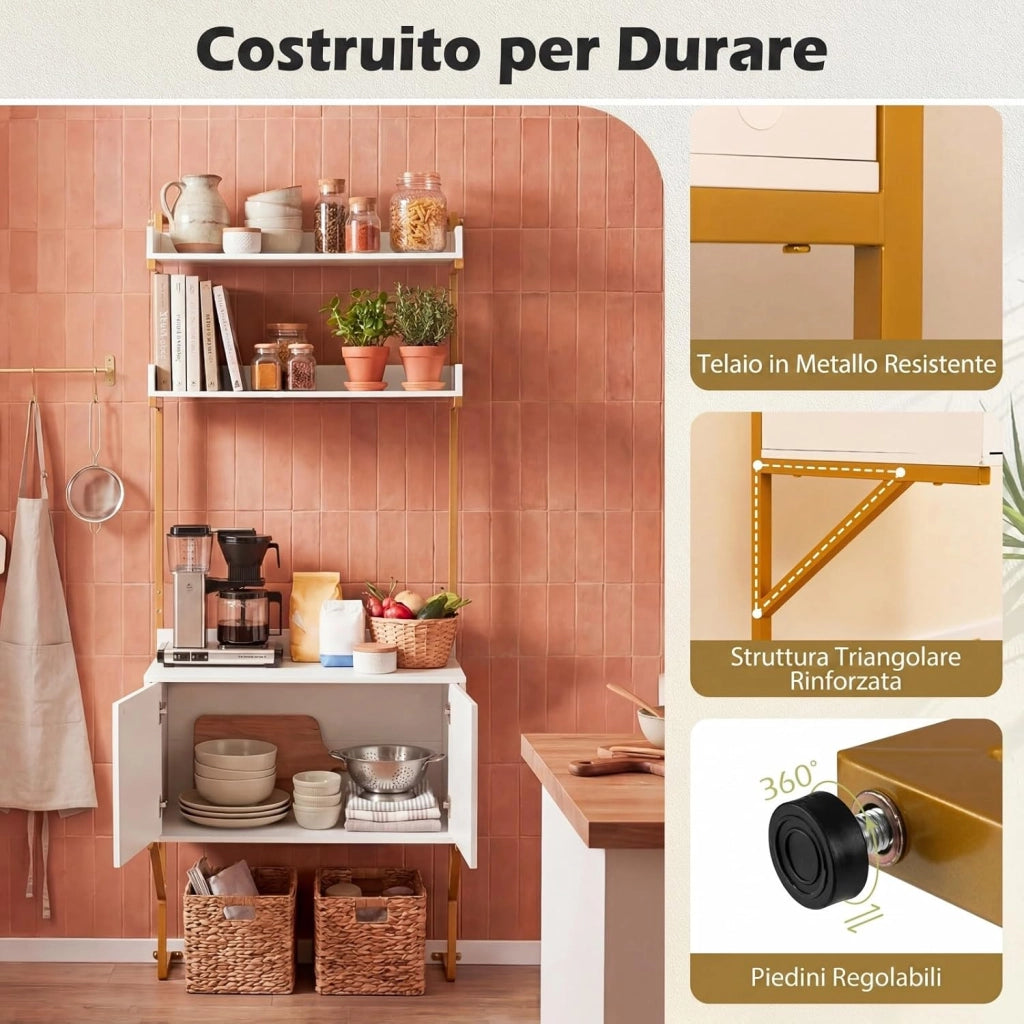 Libreria da Parete Salvaspazio, Scaffale a Scala con Armadietto e 2 Ripiani, Kit Antiribaltamento e Piedini Regolabili, Bordo Rialzato, Espositore per Soggiorno, Ufficio e Camera da Letto
