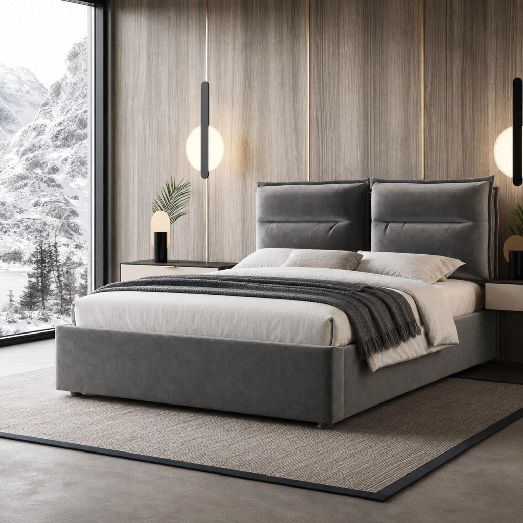Letto matrimoniale 140x200 cm con contenitore; testiera regolabile; velluto grigio