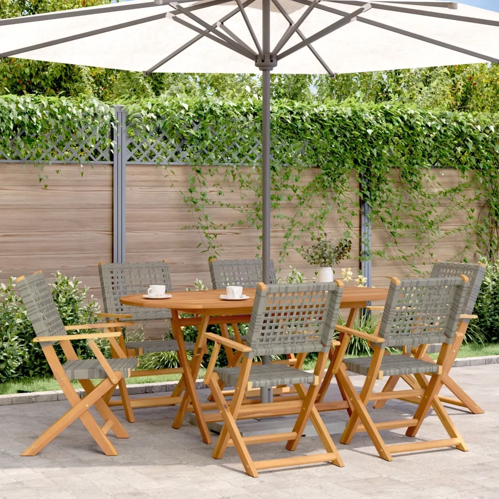 Sedie Giardino Pieghevoli 6pz Grigie Polyrattan Legno Massello