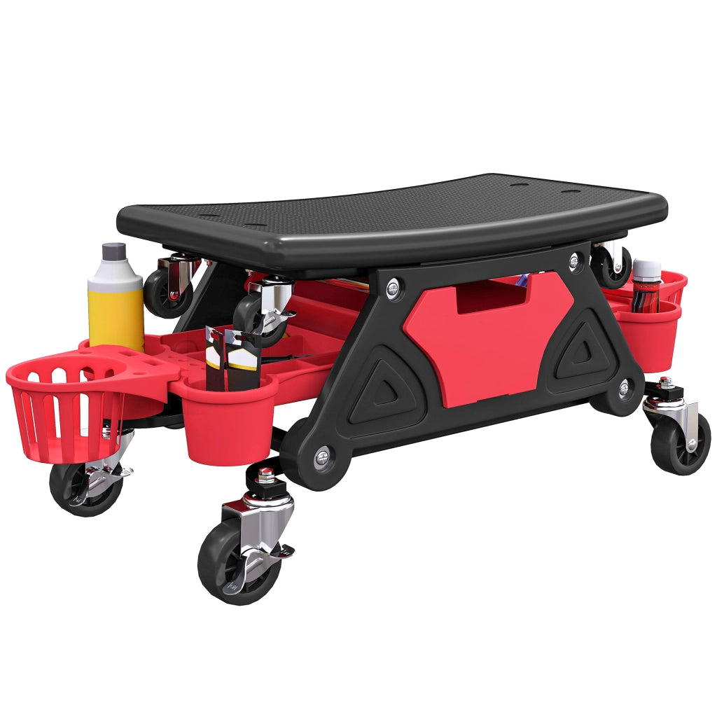 Sgabello da officina con ruote 360° per meccanico, portata 135 kg, sedile ergonomico con vassoio portaoggetti, 86x33x33cm, rosso