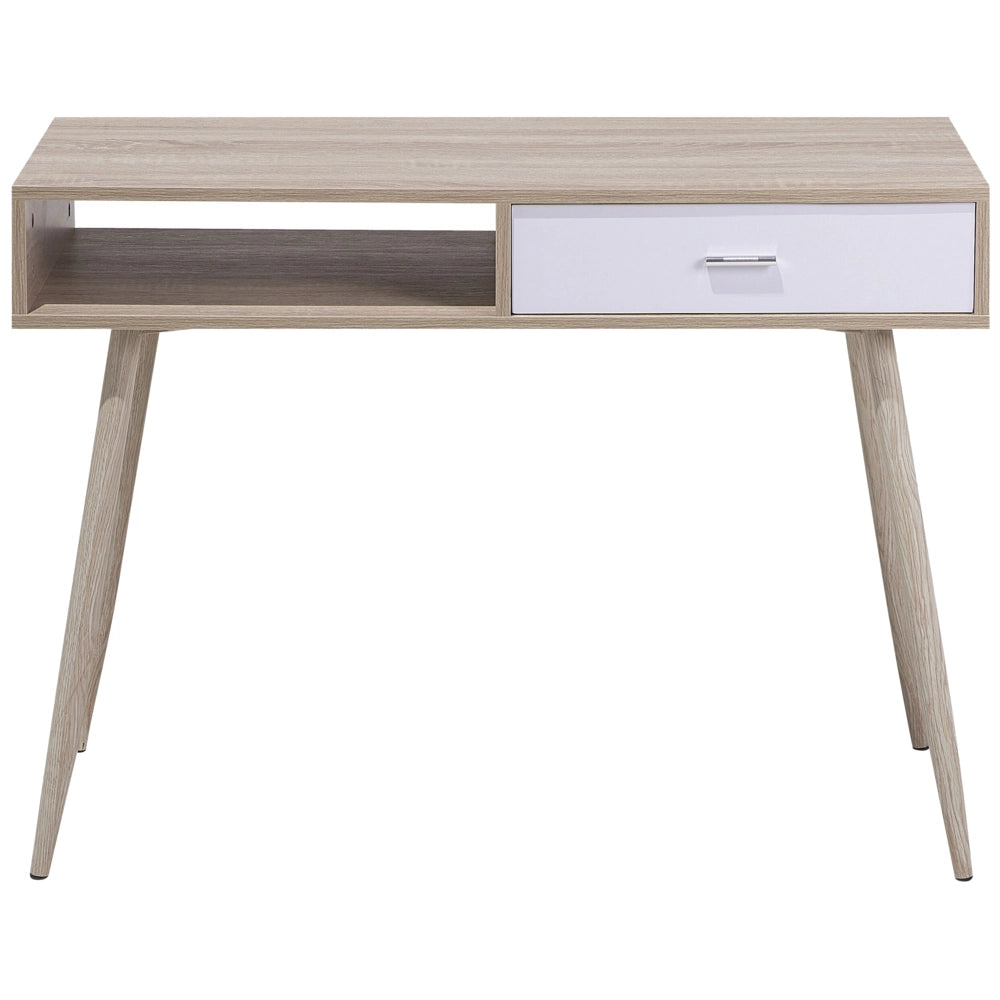 Scrivania da Ufficio in Legno Chiaro e Bianco 100 x 48 cm Cassetto Scaffale Scandinavo