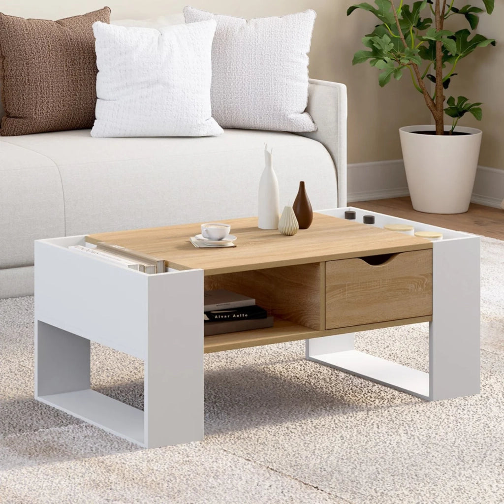 IDMarket - Tavolino rettangolare BERYL con cassetto in legno bianco e effetto faggio