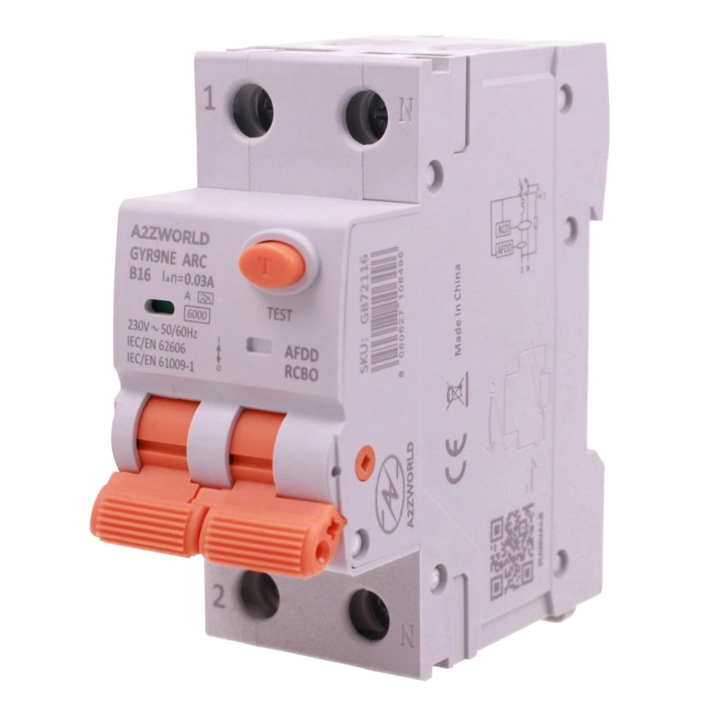A2ZWORLD AFDD RCBO Interruttore Antincendio, Magnetotermico Differenziale con Rilevamento di Arco Elettrico, Tipo A Curva B, 1P+N 2M 6000A 30mA, AC 220V Doppia Leva GYR9NE-ARC (B16A)