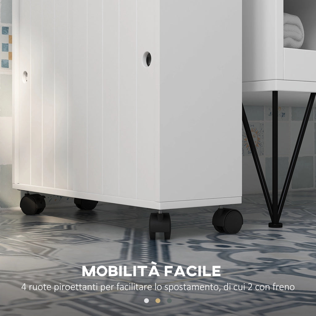 Mobile Bagno Stretto con Ante Scorrevoli, Ripiani Regolabili e Ruote ¨C Zephmum ¨C Bianco