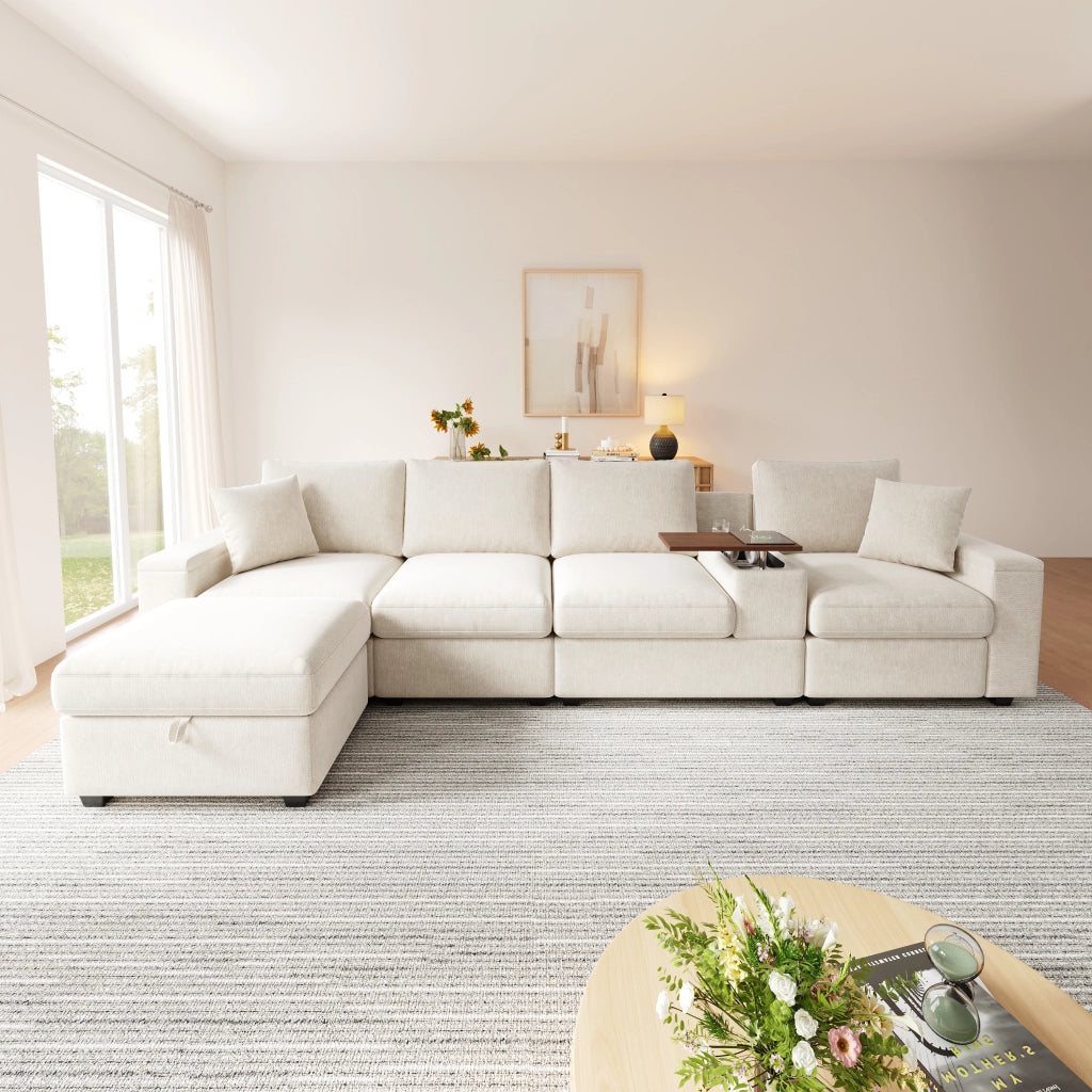 Divano modulare 5 posti - con contenitore; USB e tavolino girevole - chenille beige