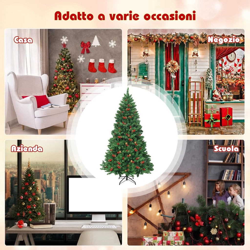 Albero di Natale 135/195 cm, Albero di Natale con 300/450 Luci Incorporate Bianco Caldo, 516/1100 Rami, 32/56 Pigne e 32/56 Bacche Rosse e Base in Metallo, Verde (195cm)