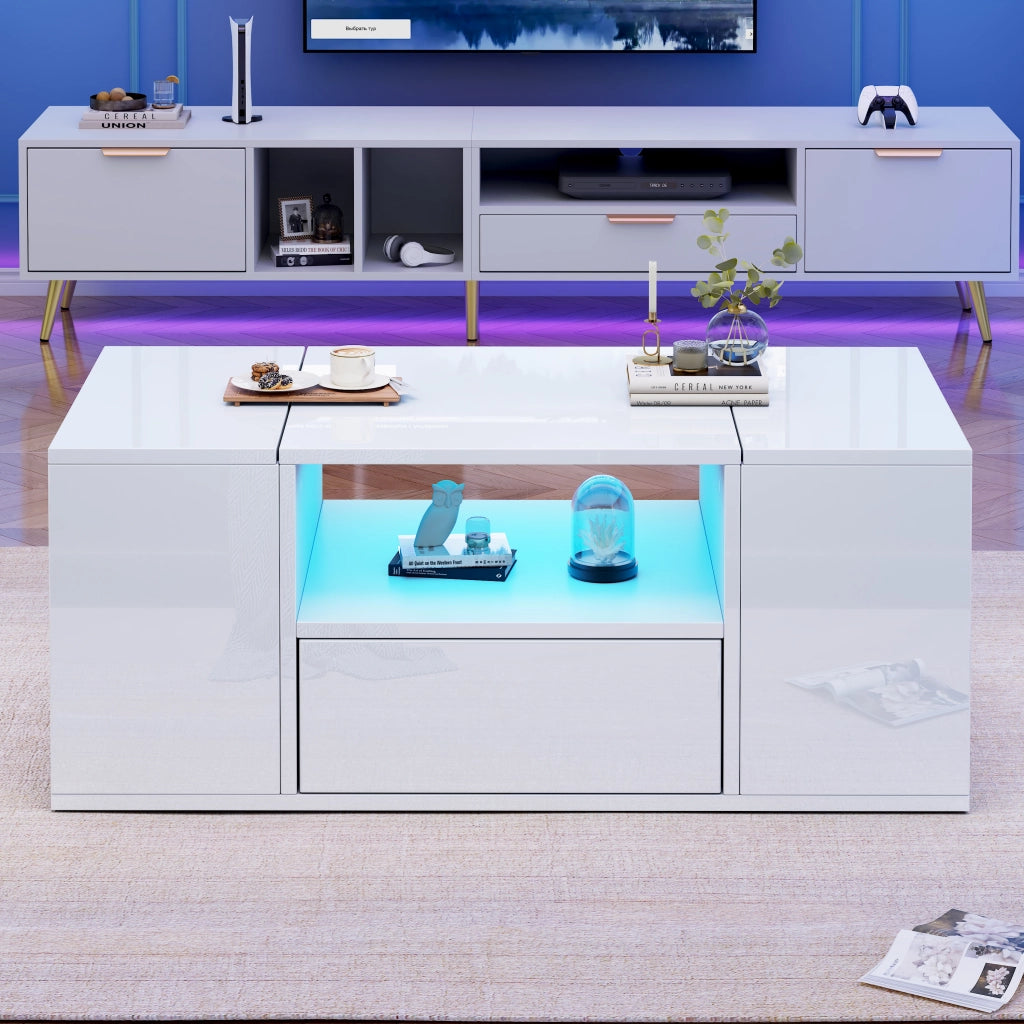 Tavolino da salotto 100 x 50 x 40 cm con cassetto, 2 vani chiusi, vani aperti e illuminazione LED, bianco lucido