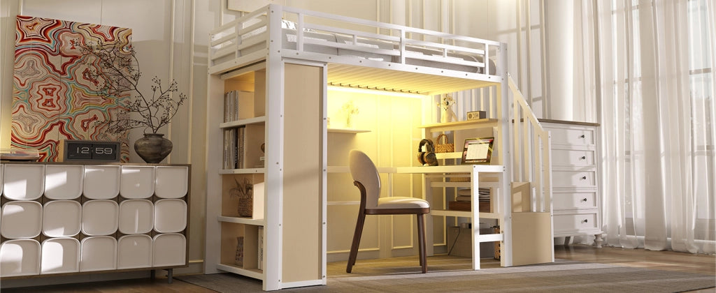 DESMIU Letto a Soppalco 1 Posto con Scrivania, Ripiani, LED e Scala Contenitore 90 × 200 cm Senza Materasso
