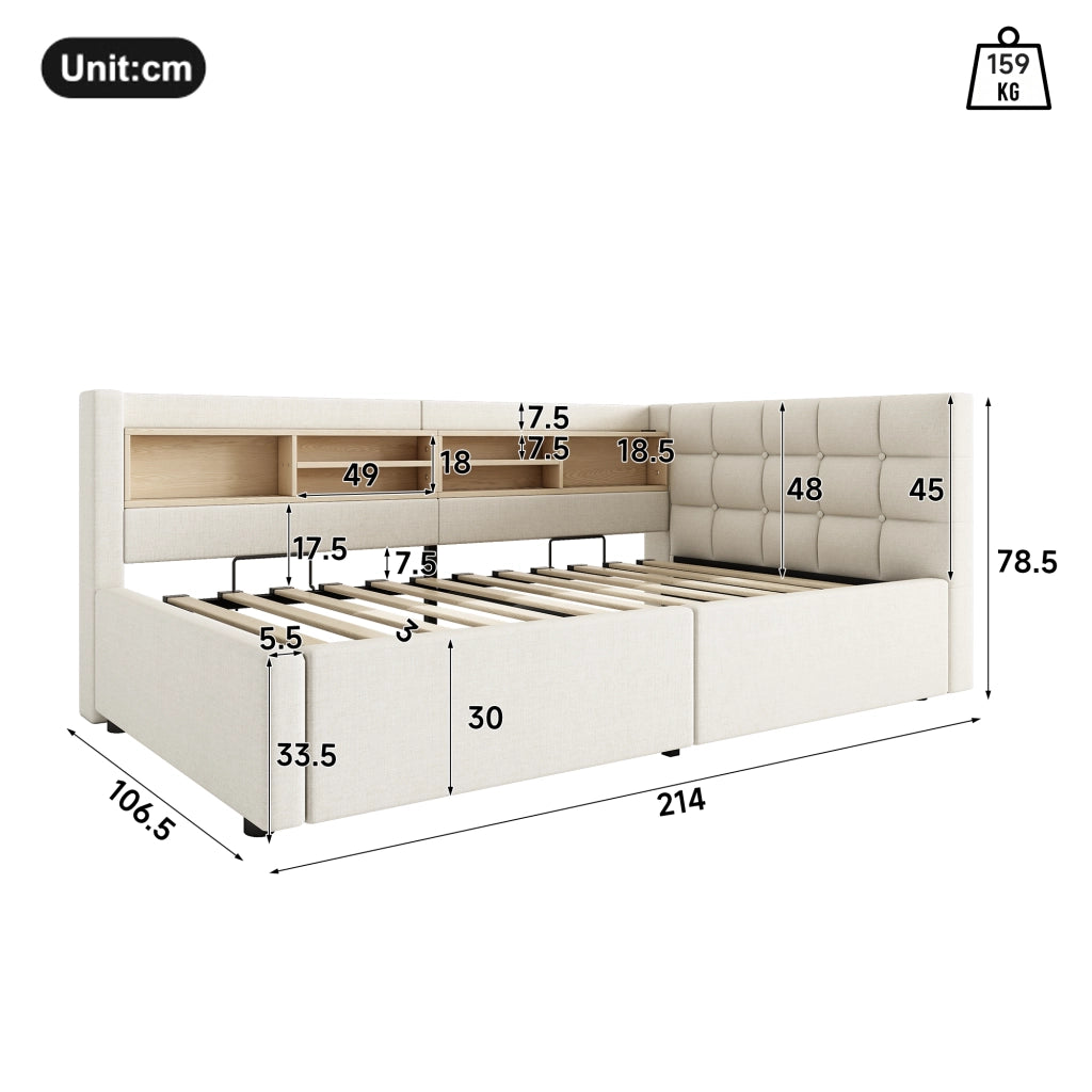 Letto contenitore 90x200 cm con LED dimmerabile; testiera con ripiano e prese USB; rivestimento in lino; beige