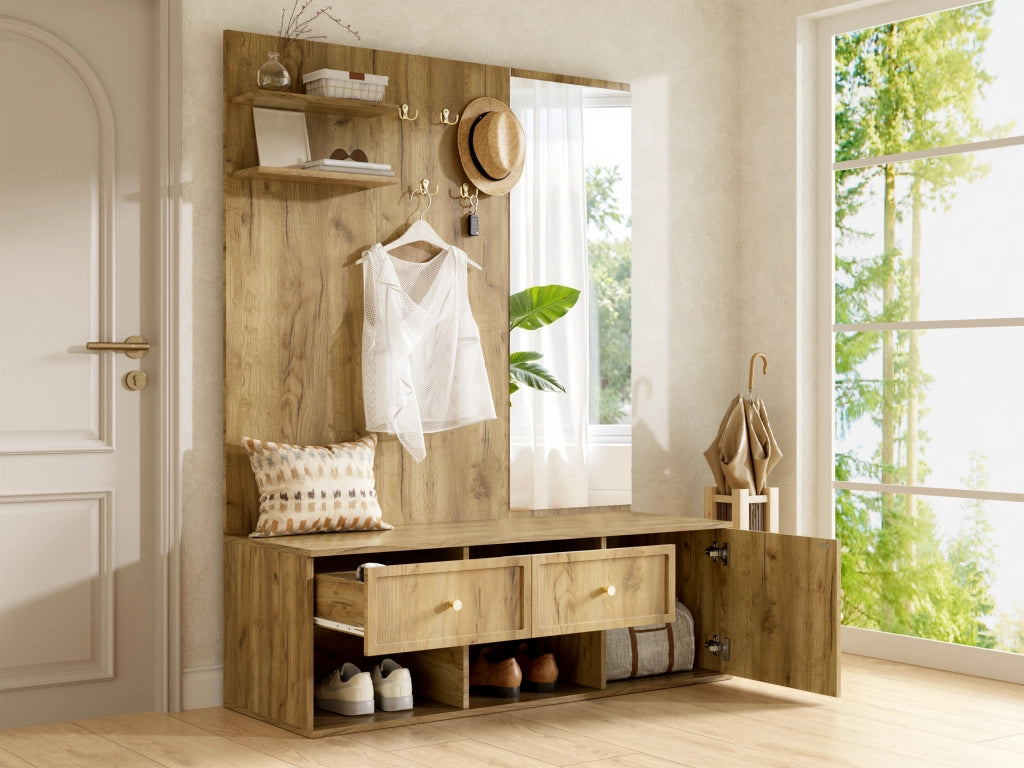 Garderobiera da ingresso multifunzione 6 in 1 con specchio, 5 ganci, 2 cassetti e vano chiuso, effetto legno, 120 x 35 x 159 cm