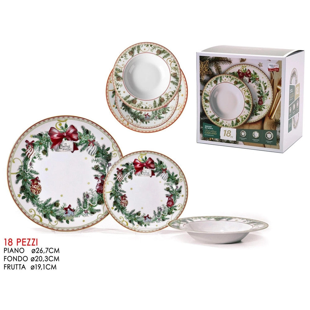 Trade Shop - Servizio Di Piatti In Porcellana 18pz Decoro Natalizio Ghirlande Agrifoglio Fiocchi Rossi -