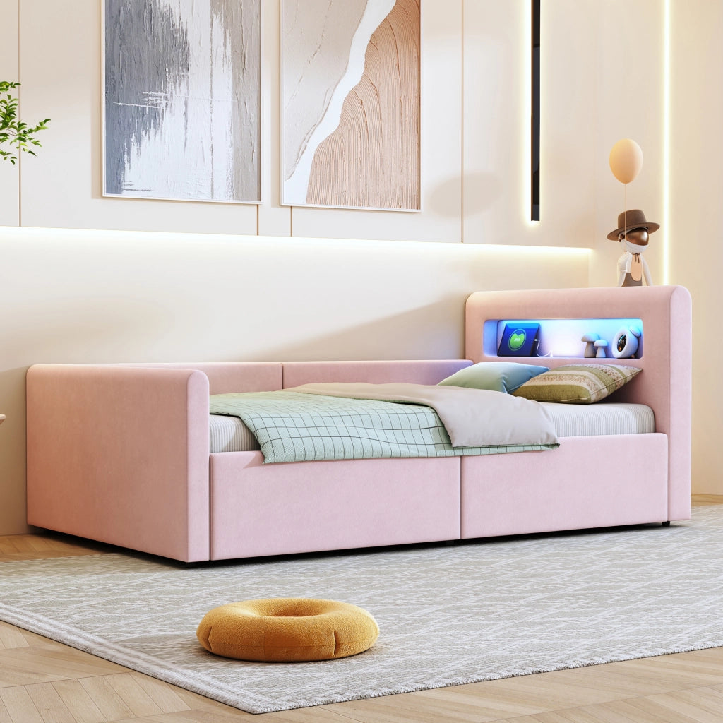 Letto singolo 90×200 cm con LED; luce notturna; USB e contenitore idraulico; senza materasso; rosa