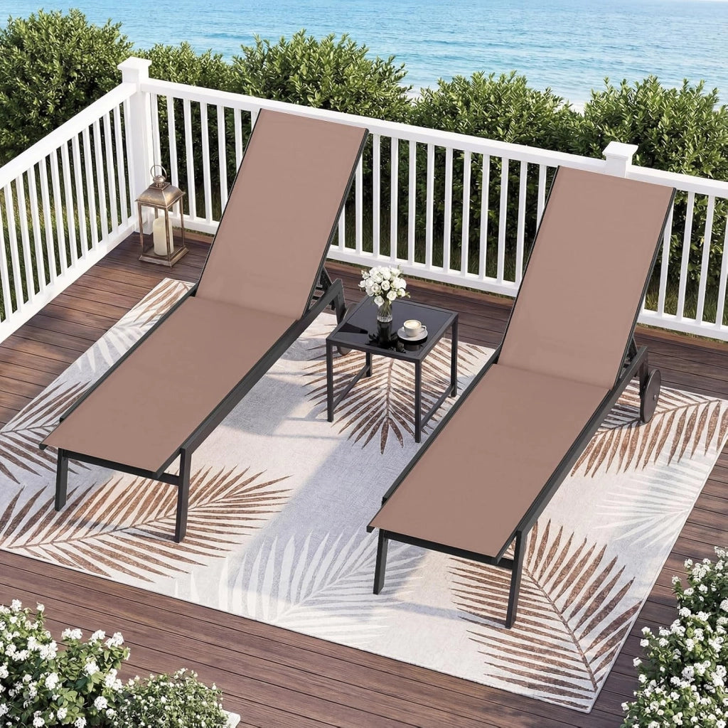 Sdraio da Giardino Reclinabile, Poltrona in Metallo Resistente con Schienale 6 Posizioni e Tessuto Traspirante, Sedia da Abbronzatura Piatta per Bordo Piscina e Terrazza(Marrone,1)