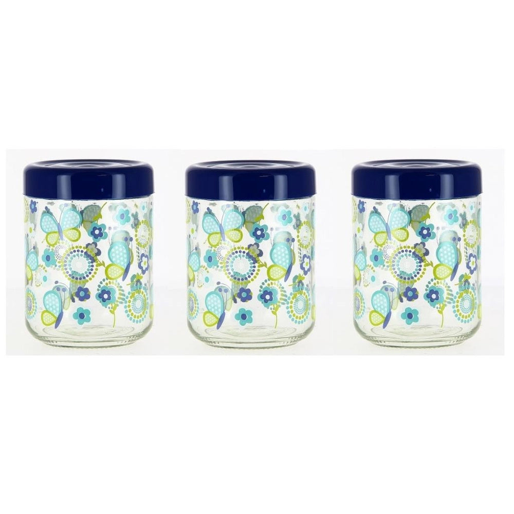 Set 3 Tris Barattoli Zucchero Sale Caffè in vetro decoro vanessa blu cerve