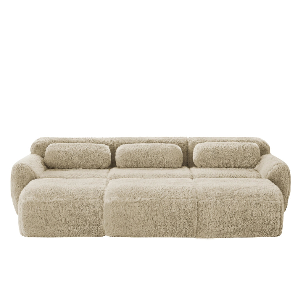 Divano modulare 3 posti con 3 pouf 291x179x73 cm in tessuto peluche; light khaki