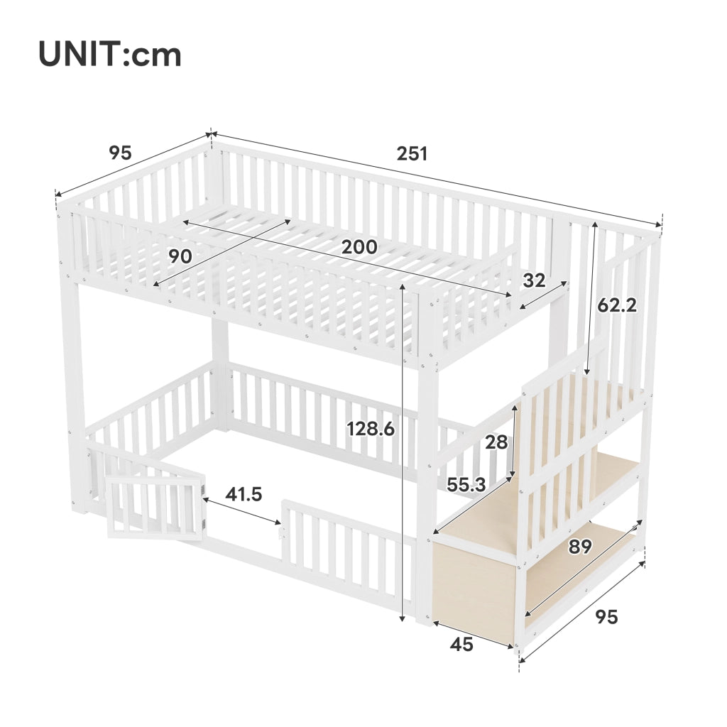 Letto a Castello 90x200 in Metallo Bianco con Scala Contenitore e LED Integrati