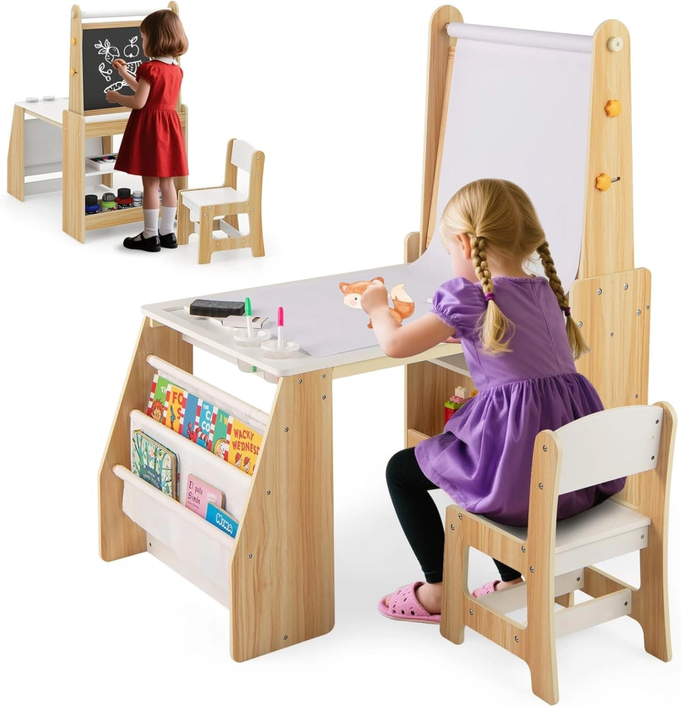 Set 3 in 1 Tavolo e Sedia per Bambini 3+ Anni, Tavolo in Legno Sicuro con Lavagna, Sedia, Lavagna Bianca, Rotolo di Carta, 2 Ripiani Aperti e Libreria a 2 Ripiani, Ideale per Disegno (Grigio)