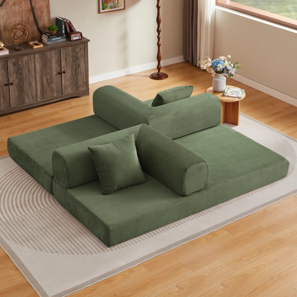 Canapé convertible in schiuma con funzione letto e 2 cuscini, struttura in acciaio da pavimento, per soggiorno, verde