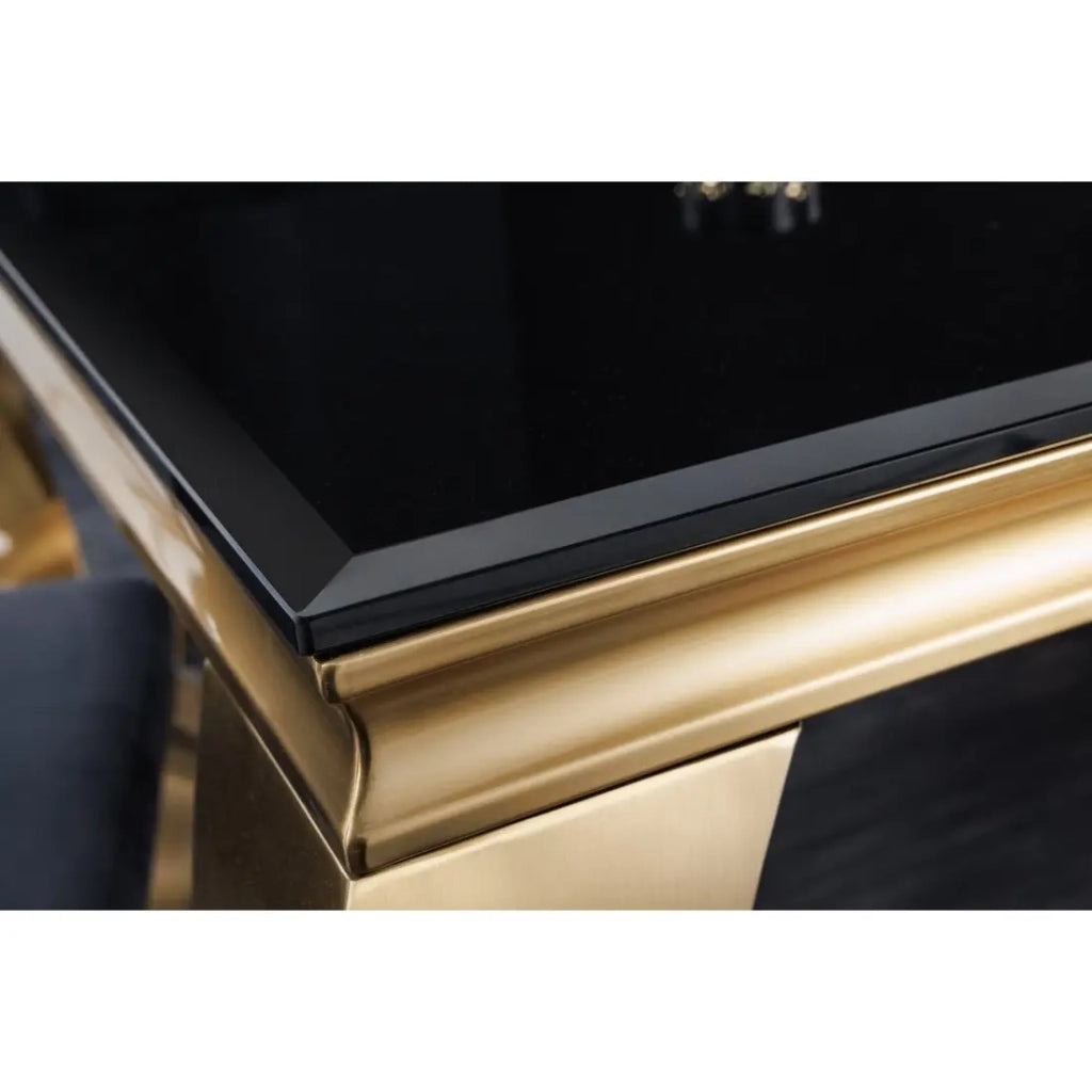 Table VELENA 200 cm – Piano in vetro nero e struttura in acciaio dorato – Eleganza barocca e design raffinato