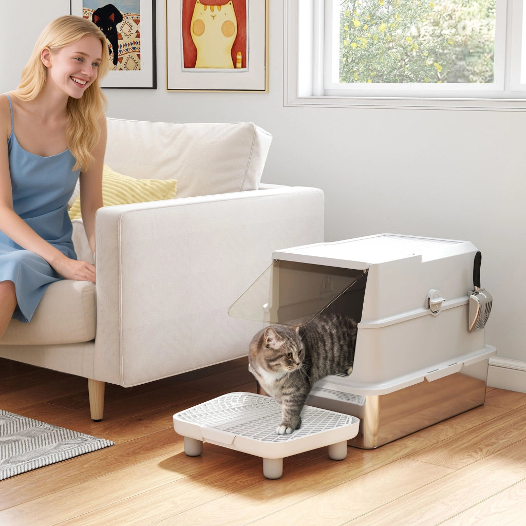 Lettiera per gatti in acciaio inox XL con paletta ¨C Xylo ¨C Grigio chiaro