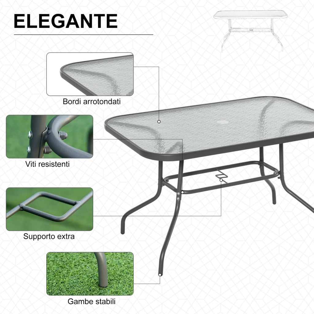 Tavolo da Giardino in Metallo e Vetro con Foro Ombrellone 120x80x70cm