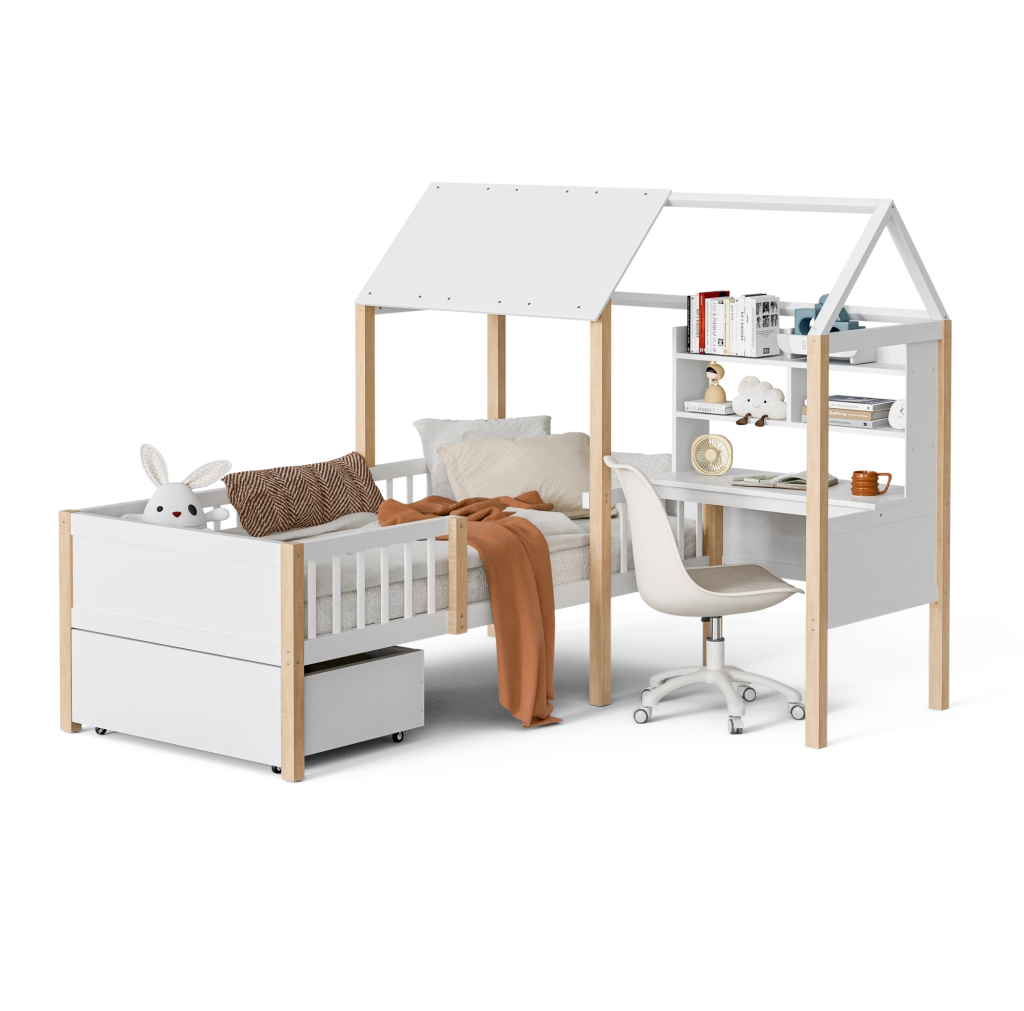 Letto a casetta per bambini 90x200 cm con scrivania e scaffale
