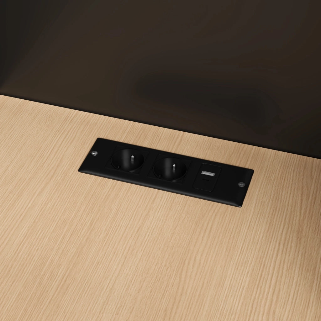 Scrivania pieghevole 2 in 1 con libreria, presa EU e porte USB, MDF, nero e rovere