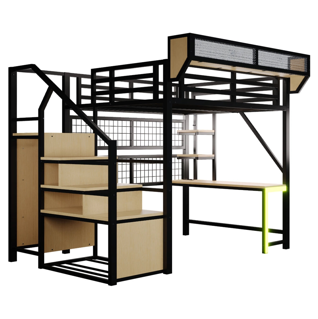 Letto a soppalco in metallo 140x200 cm con scrivania; ripiani; LED e prese; nero