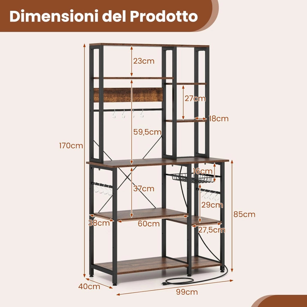 Scaffale da Cucina Salvaspazio, Scaffale a 6 Ripiani per Microonde con Stazione di Ricarica, Ganci a S e Cestino a Rete, Mobile da Cucina per Elettrodomestici, Pentole e Spezie