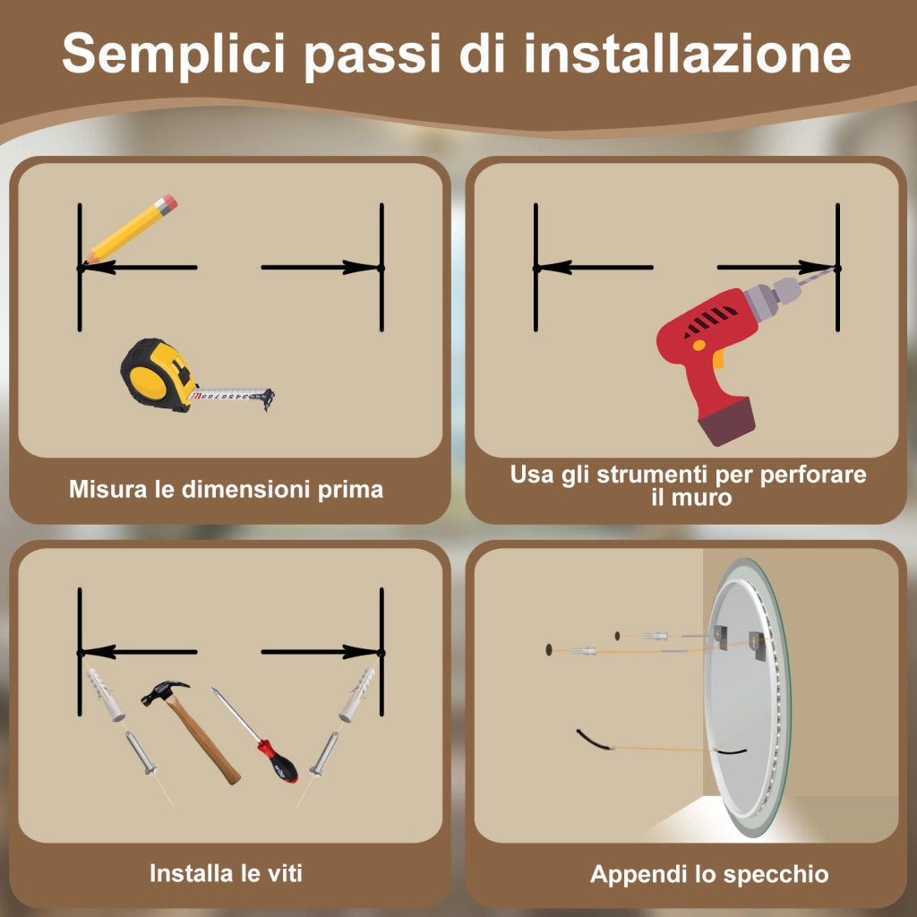 AICA Specchio Da Bagno Rotondo Da 70cm con LED, Antiappannamento, 3 Temperature Colore