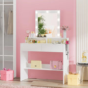 Toeletta da Trucco con Luci, Luminosità Regolabile,Tavolo da Trucco con Specchio,Postazione Trucco con 2 Cassetti,Porta Asciugacapelli,Make-up Desk,Moderno, Bianco
