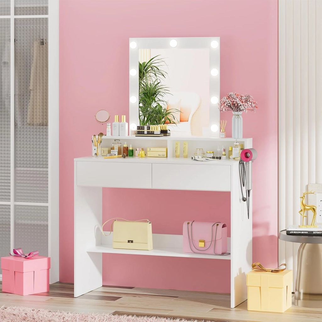 Toeletta da Trucco con Luci, Luminosità Regolabile,Tavolo da Trucco con Specchio,Postazione Trucco con 2 Cassetti,Porta Asciugacapelli,Make-up Desk,Moderno, Bianco