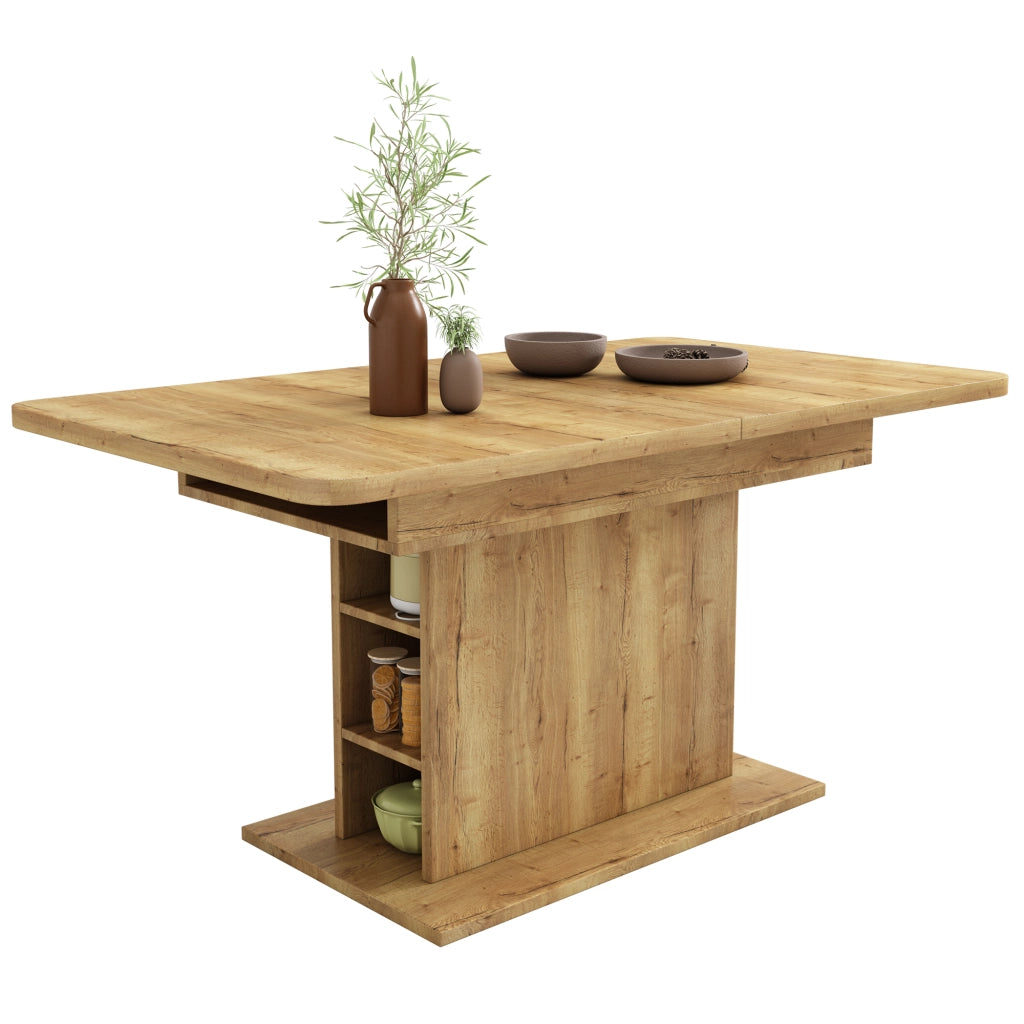 Tavolo da pranzo allungabile con spazio contenitivo, design moderno, colore naturale