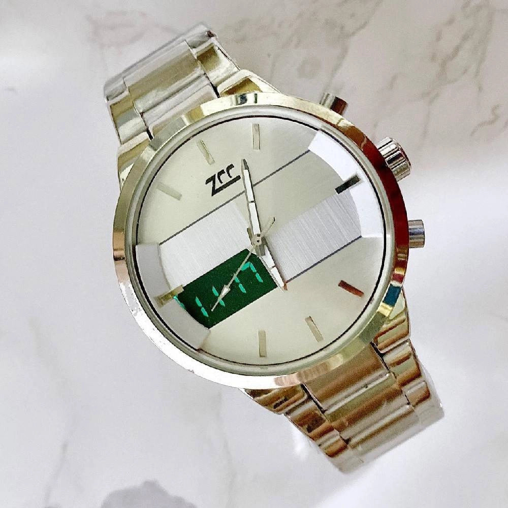 Trade Shop - Orologio Da Polso Zcc 7258 Uomo Quarzo Acciaio Dual Time Silver Quadrante Bianco -