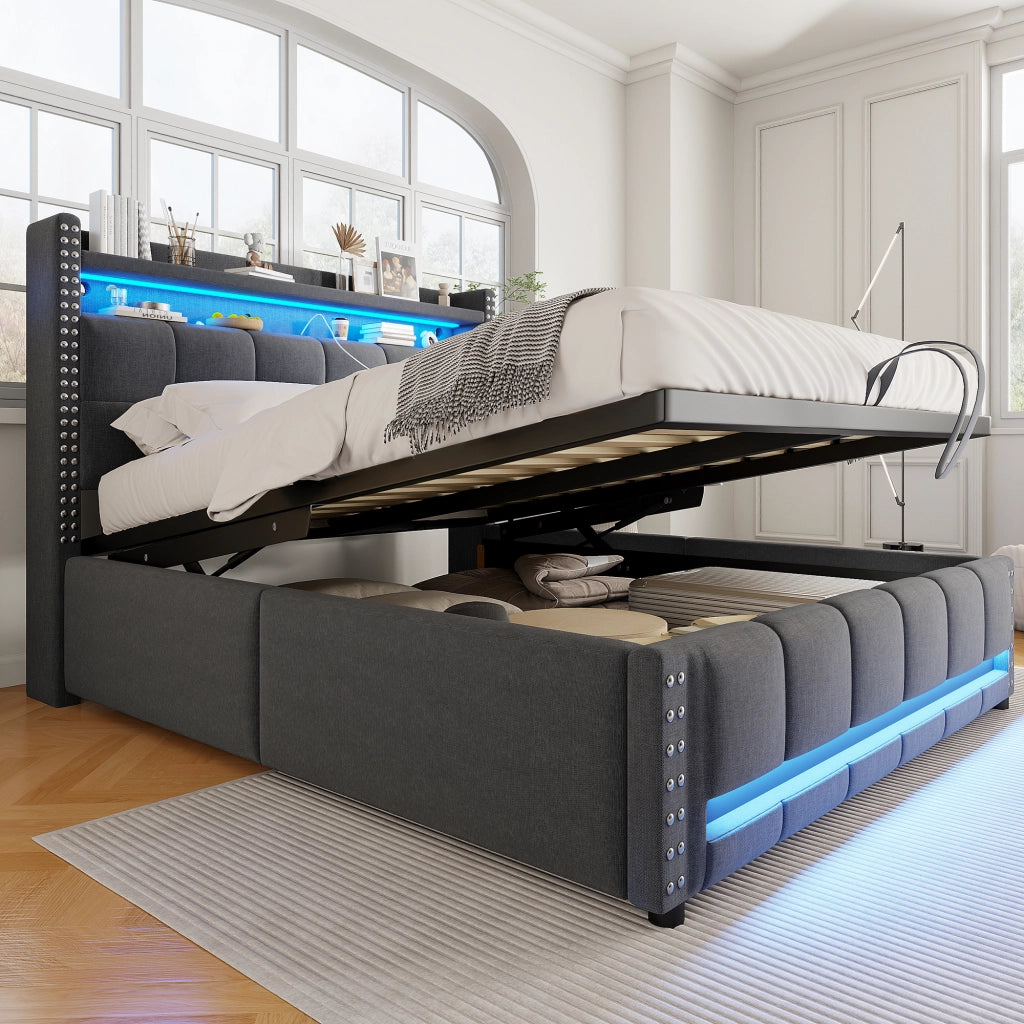Letto Contenitore 140x200 cm; Letto Matrimoniale con LED; USB e vano contenitore